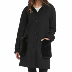 DKNY Petite Wool Blend Coat Faux Fur Pockets